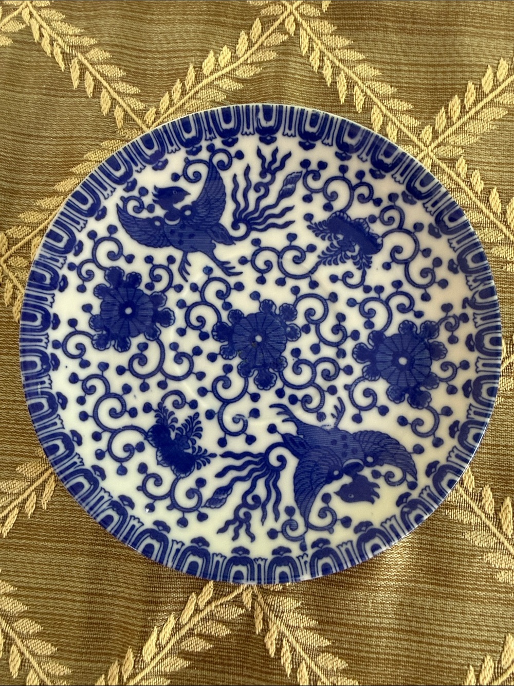 Blue & White Porcelain Saucer Japanese Phoenix Bird Pattern circa 1945-1952
